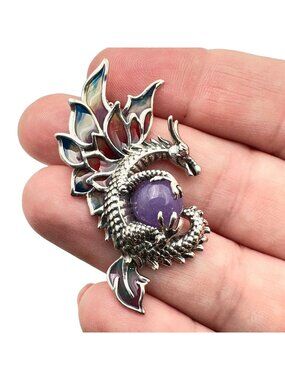 Jade of Yesteryear Womens Necklace Sterling Purple Jade Dragon Plique a Jour